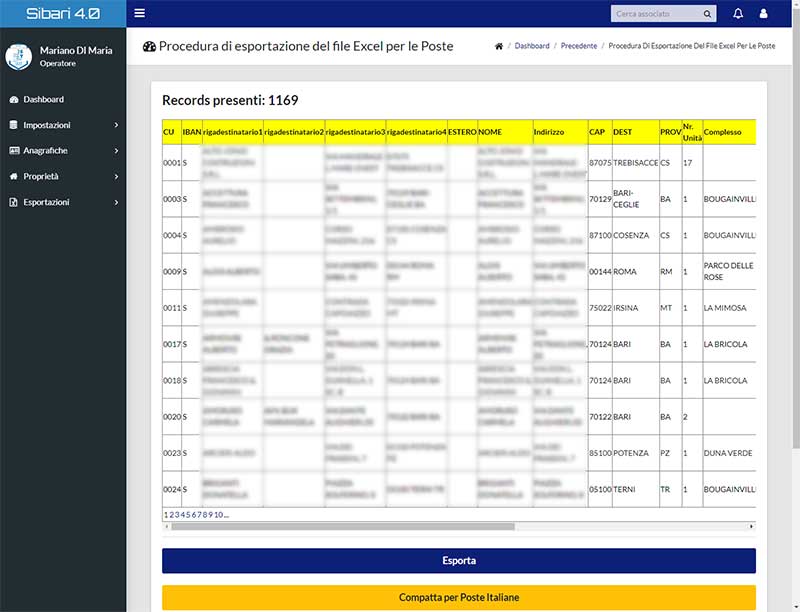 Esportazione quote acqua in Excel tracciato su Poste Italiane