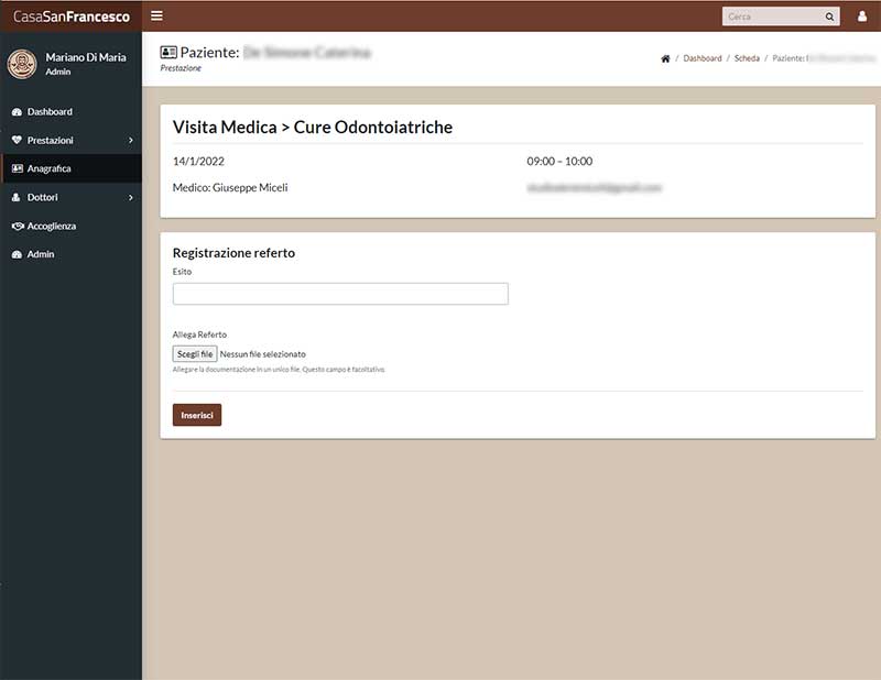 Scheda visita e inserimento referto medico